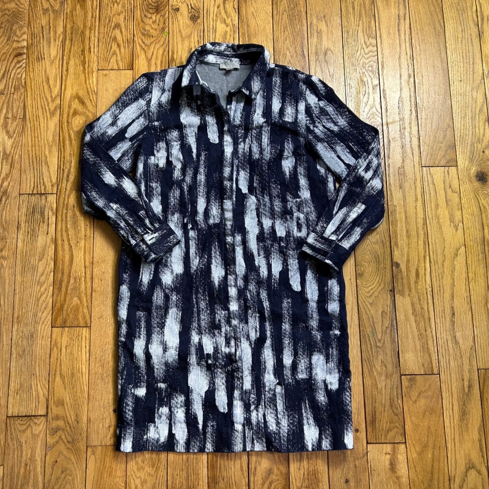 COS Abstract Brushstroke Denim Shirt Dress Navy Blue White Midi Size 36 US 6